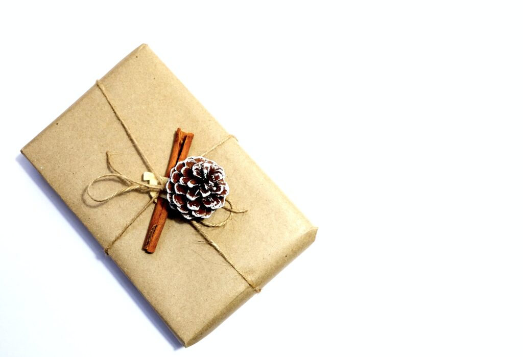 present wrapped in brown paper with a pinecone on a white background